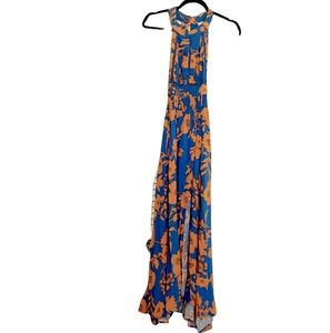 Abel the Label Blue Orange High Neck Maxi Dress Tropical XS